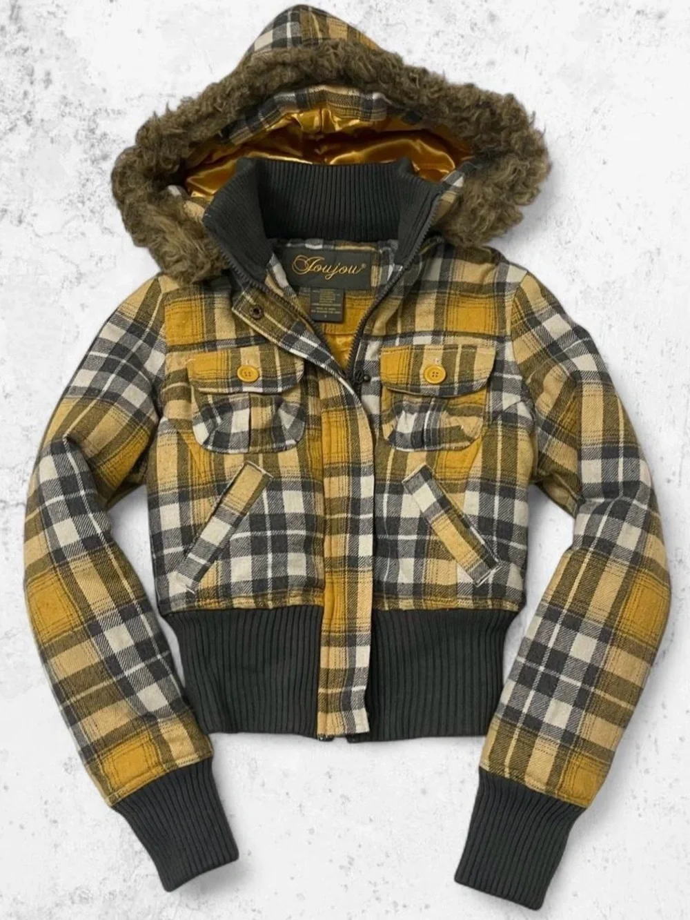 Yellow Plaid Joujou Y2K Hooded Jacket with Faux-Fur Trim
